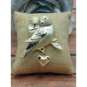 Vintage AJC Brooch Love Birds Brushed Gold Tone Dangle Heart Mid Century Signed